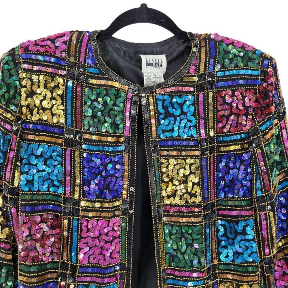 Vtg 80's Leslie Fay Formal Silk Rainbow Geometric Stained Glass Sequin Blazer Sz - Picture 5 of 10